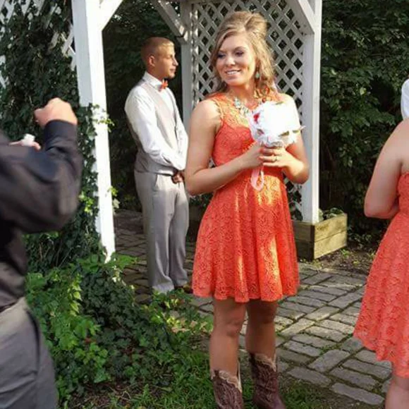 City studio coral dress size 5 lace look with zip orange floral bridesmaid - Picture 4 of 5